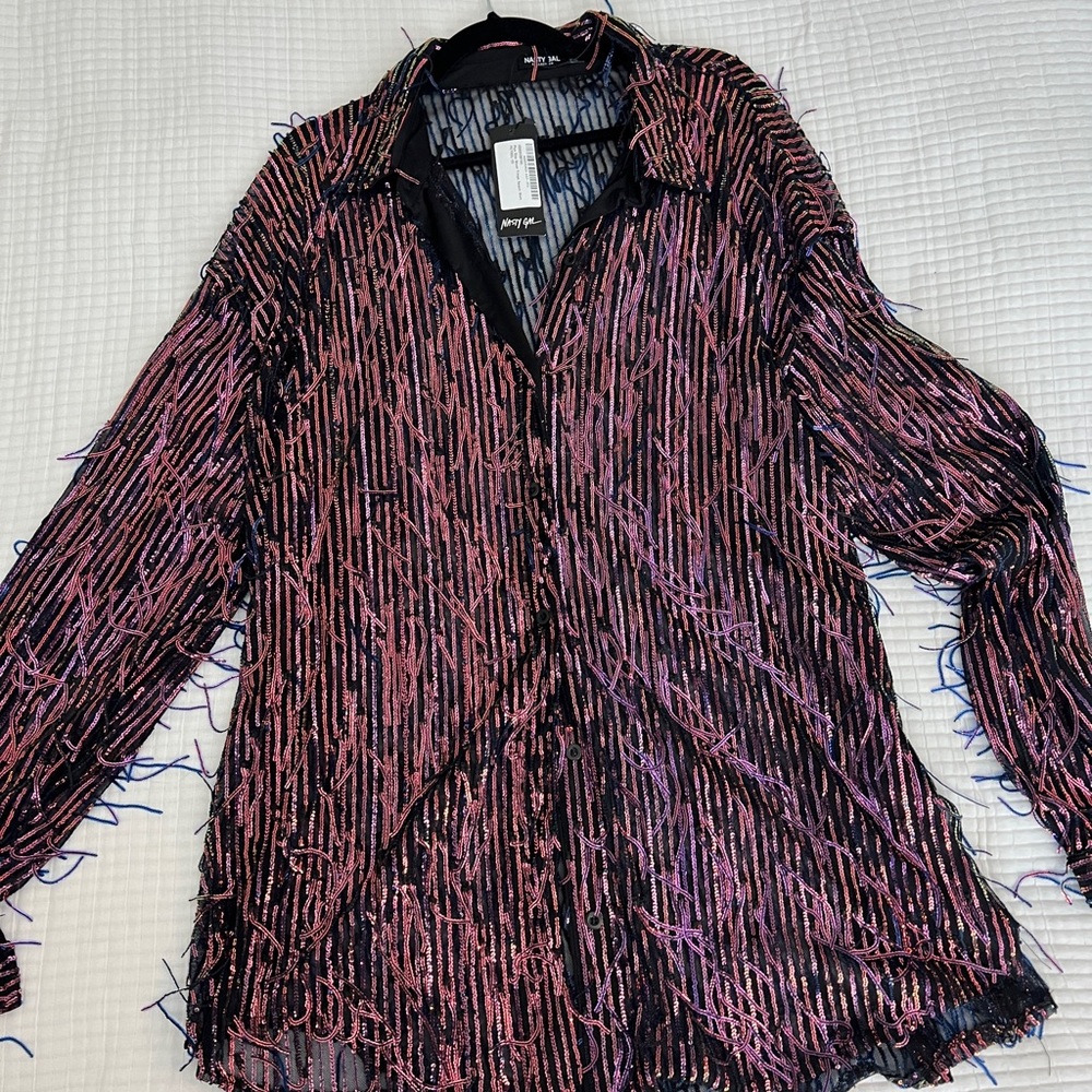 Nasty Gal Black and Pink Button Down Fringe Shirt